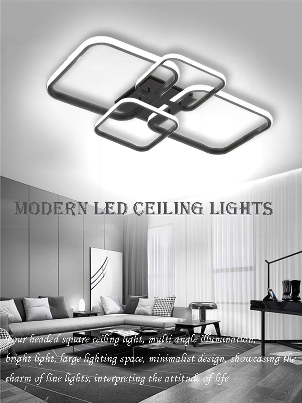 Modern LED Ceiling Lights Square 4 Heads Black And White Decorative Lamps For Bedroom Living Room Study Dining Room Home Fixture
